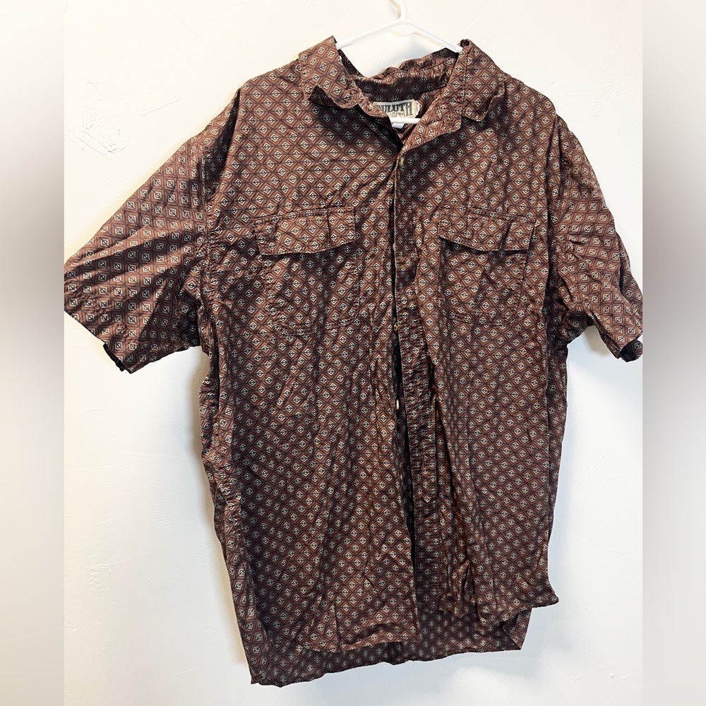 Duluth Trading Diamond Print Short Sleeve Button Up Organic Cotton Shirt XL
